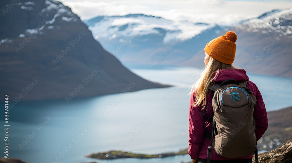 Hiker in the mountains, mountain view background, mountain girl Hiker in the mountains, mountain view background, mountain girl