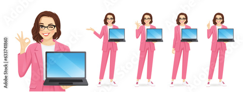 Casual beautiful business woman showing blank screen laptop computer standing different posing isolated vector illustration