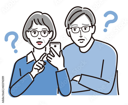 スマホの使い方が分からず困っているシニアのイラスト