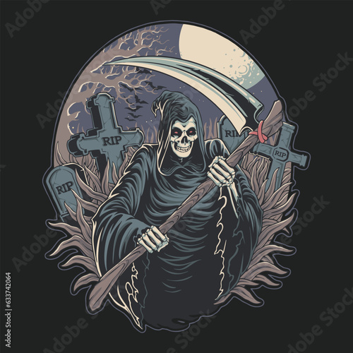grim reaper in graves halloween night illustration