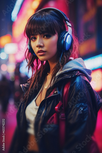 Young Asian girl in the streets, wearing headphones and listening to music. Cyberpunk style. AI-generated image