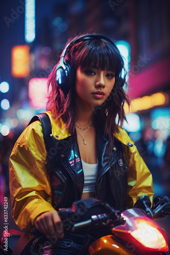 Young Asian girl in the streets, wearing headphones and listening to music while riding a motorbike. Cyberpunk style. AI-generated image