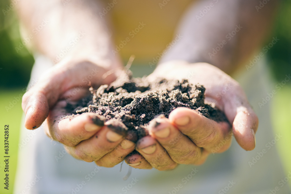 Gardening, soil in hands and palm of man in nature for agriculture, farming and planting flowers. Sustainability, environment and male person with earth, fertilizer and dirt on hand for earth day Gardening, soil in hands and palm of man in nature for agriculture, farming and planting flowers. Sustainability, environment and male person with earth, fertilizer and dirt on hand for earth day