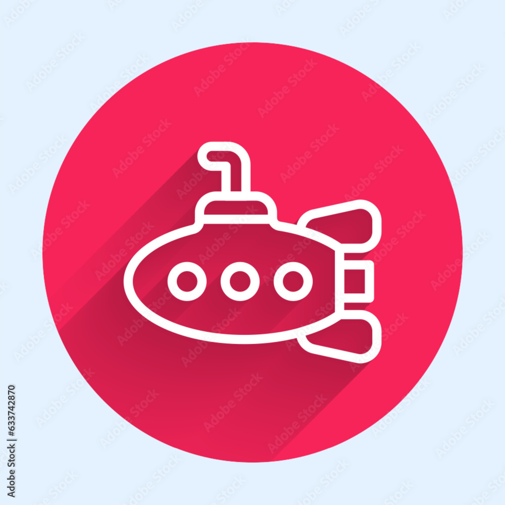 White line Submarine toy icon isolated with long shadow background. Red circle button. Vector White line Submarine toy icon isolated with long shadow background. Red circle button. Vector
