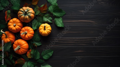 Pumpkins and autumn leaves on dark wood background top view angle, copy space. Generative AI