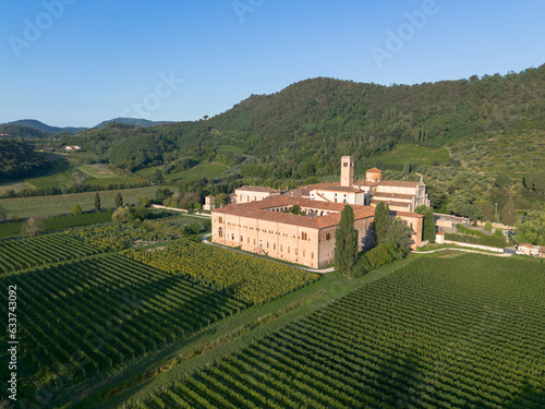 Aerial view of Benedictine monastery Abbazia di Praglia in Bresseo, Teolo by Padua in Italy as a Christianity, religion, and Catholicism concept