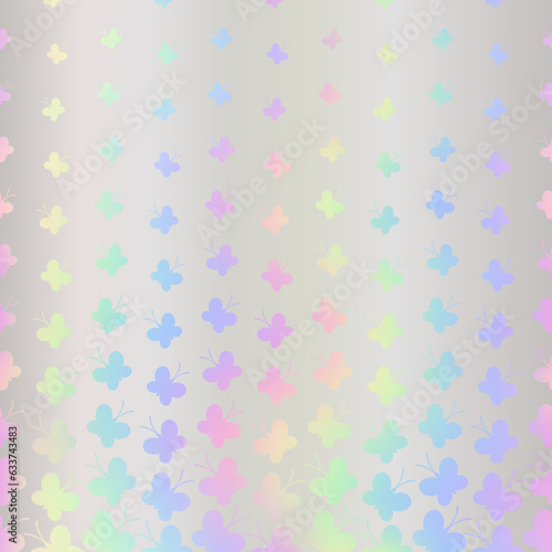 Butterfly holographic seamless pattern. Repeating border butterflys iridescent foil. Hologram cute background. Repeated rainbow texture. Neon cute patern. Holography design prints. Vector illustration