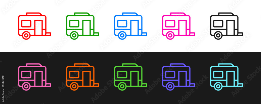Set line Rv Camping trailer icon isolated on black and white background. Travel mobile home, caravan, home camper for travel. Vector Set line Rv Camping trailer icon isolated on black and white background. Travel mobile home, caravan, home camper for travel. Vector