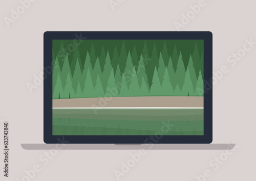 A portable computer displaying a wallpaper featuring a peaceful everlasting spruce forest with a mountain lake