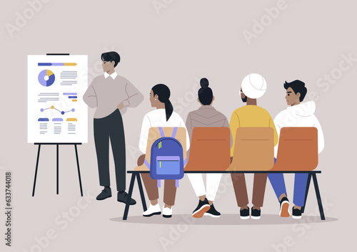 Fostering learning, diverse staff in workshops, HR seminars, a lecturer presents a research via flipchart to young adult employees sitting on a bench