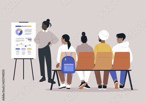 Fostering learning, diverse staff in workshops, HR seminars, a lecturer presents a research via flipchart to young adult employees sitting on a bench