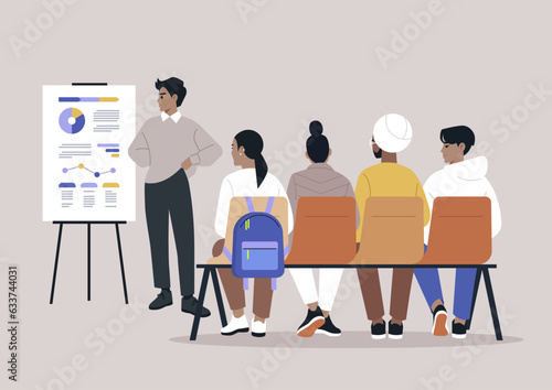 Fostering learning, diverse staff in workshops, HR seminars, a lecturer presents a research via flipchart to young adult employees sitting on a bench
