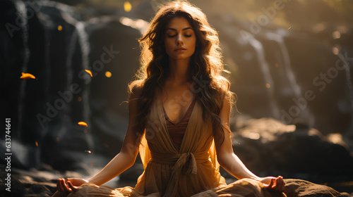 Beautiful young woman meditating on rock near waterfall at sunset.