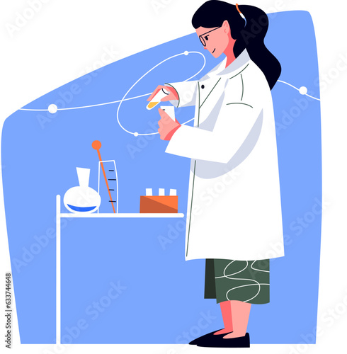 Young woman scientist in a laboratory doing lab test, research, microbiological analysis or medical test. Flat vector illustration isolated on white background