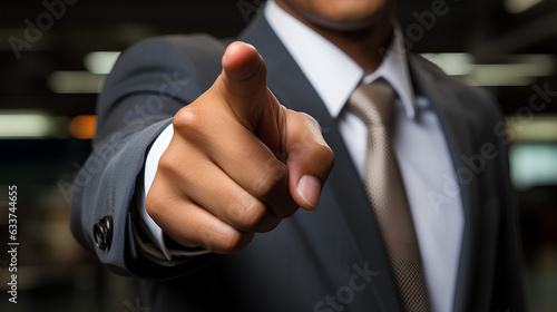 Businessman pointing his finger to the camera, focus on hand.