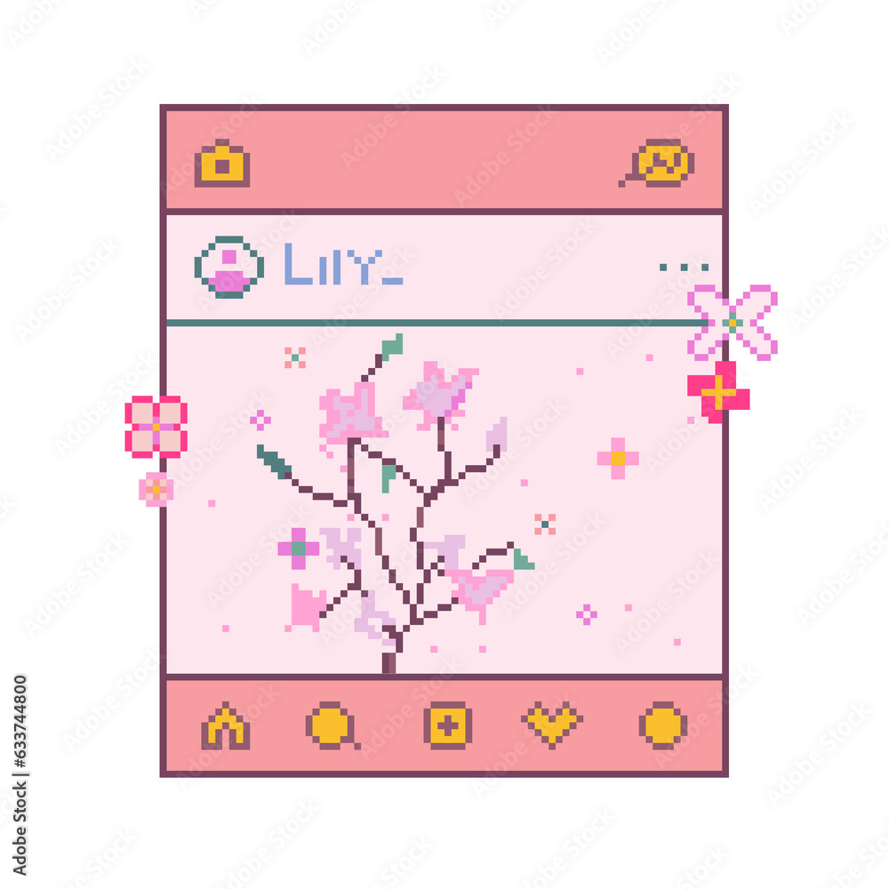Pixel art instagram cherry blossom set.