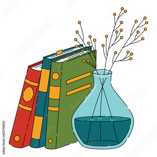 A stack of books is clouded on a vase of flowers