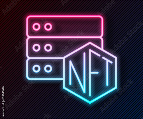 Glowing neon line NFT blockchain technology icon isolated on black background. Non fungible token. Digital crypto art concept. Vector