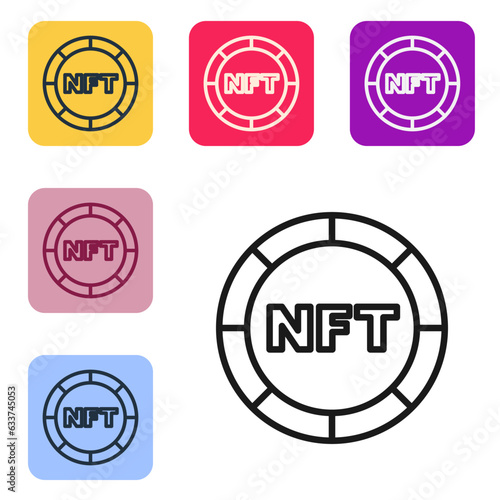 Black line NFT Digital crypto art icon isolated on white background. Non fungible token. Set icons in color square buttons. Vector