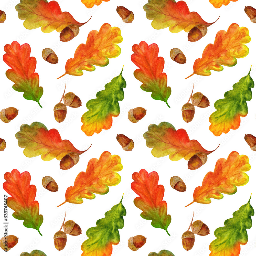 Fototapeta premium Watercolor autumn seamless pattern with oak leaves and acorns on white background. Illustration for greeting cards, posters, books, envelopes, photo album, wallpaper, packaging, wrapping paper.