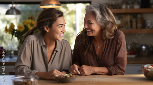 Two women are sitting in the kitchen talking and laughing