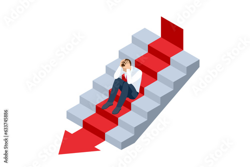 Isometric Business on falling down the chart. Fail, Risk, Problem. Decline red arrow with businessman isolated on white background