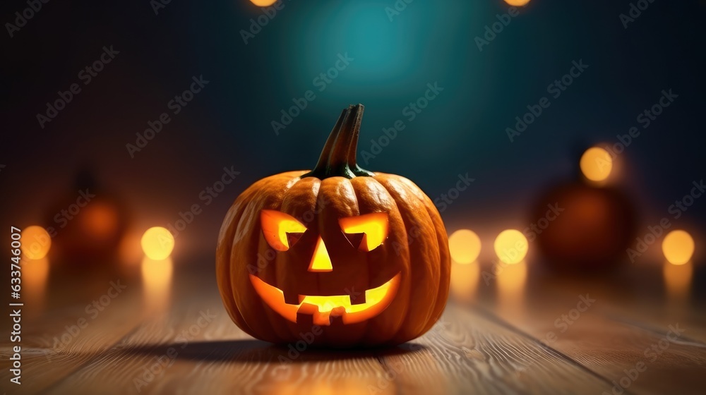 Halloween pumpkin head jack lantern on wooden background. Generative AI Halloween pumpkin head jack lantern on wooden background. Generative AI