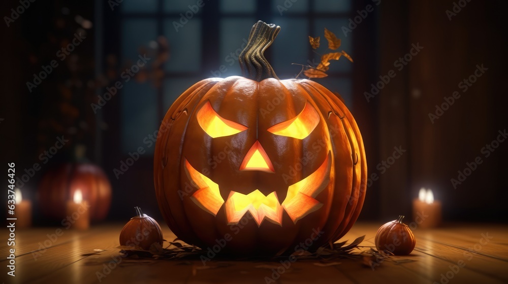 Halloween pumpkin head jack lantern on wooden background. Generative AI Halloween pumpkin head jack lantern on wooden background. Generative AI