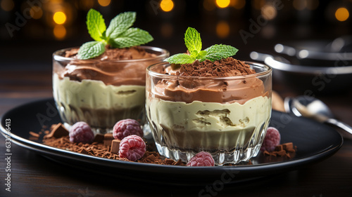 chocolate mousse dessert with mint and chocolate sauce on a dark background photo