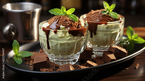 chocolate mousse dessert with mint and chocolate sauce on a dark background