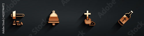 Set Crucifixion of Jesus Christ, Church bell, Christian cross and Holy water bottle icon with long shadow. Vector