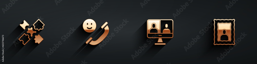 Set Puzzle pieces toy, Incoming call on mobile, Video chat conference and Picture frame icon with long shadow. Vector Set Puzzle pieces toy, Incoming call on mobile, Video chat conference and Picture frame icon with long shadow. Vector