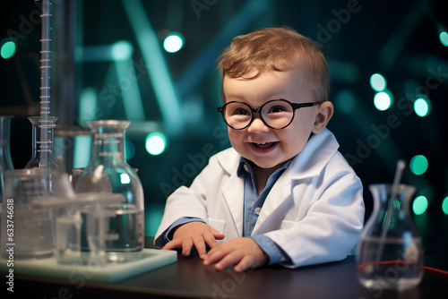 Generative ai collage image of cute baby scientist having innovative research study photo