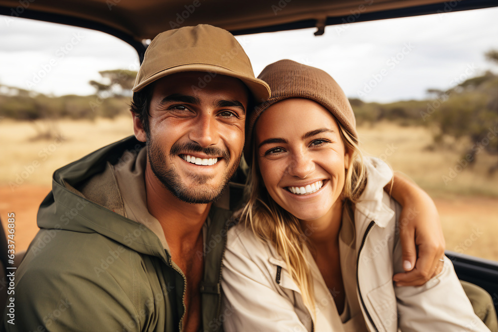 Generative AI illustration of charming couple traveling together making selfies beautiful landscape car trip safari vlogging blogging