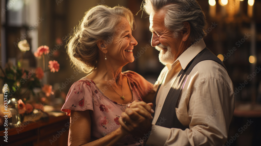 portrait of a happy senior couple dancing at home, smiling, hugging. portrait of a happy senior couple dancing at home, smiling, hugging.
