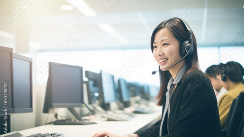 Customer service executive working at the office. Consulting corporate clients in conversation with customers using computers. Service desk consultant talking in a call center. generative ai