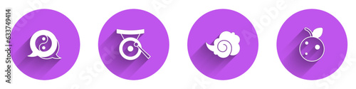 Set Yin Yang symbol, Gong musical instrument, Magic fog or smoke and Peach fruit nectarine icon with long shadow. Vector