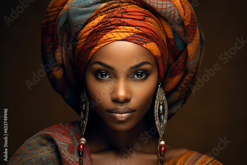 Portrait of African American ethnicity woman in turban with African traditional print Generative AI