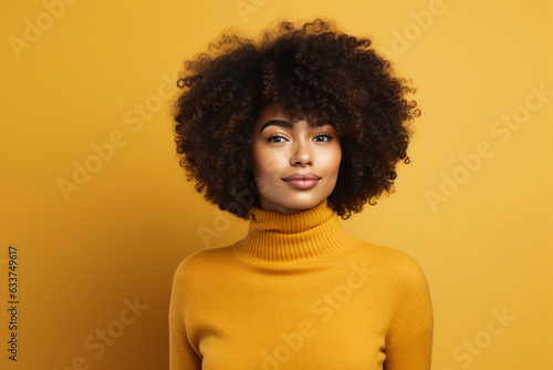 Generative AI illustration of amazing diversity ethnicity woman with volume curly hairdress posing over colorful background photo