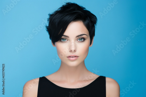 Generative AI portrait young fashion model woman attractive appearance after stylist salon haircut isolated colorful background
