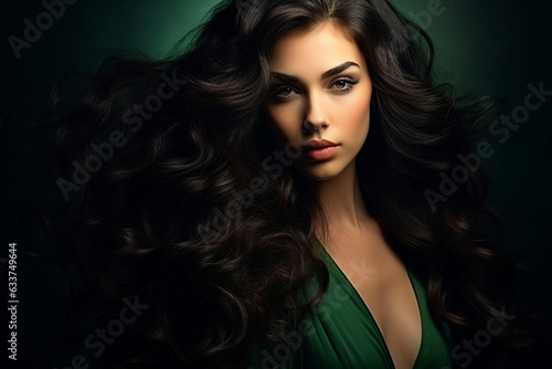 Generative AI illustration of charming attractive young model woman demonstrate amazing long black dyed hair style