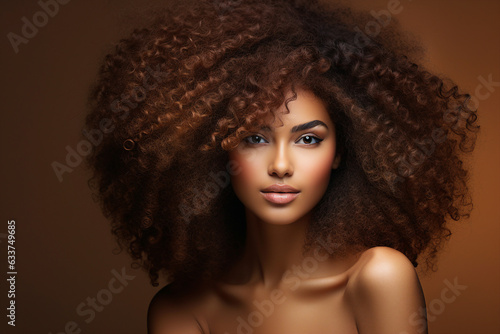 Generative AI illustration of attractive afro american model woman demonstrating hairdress dyed hair style volume chevelure