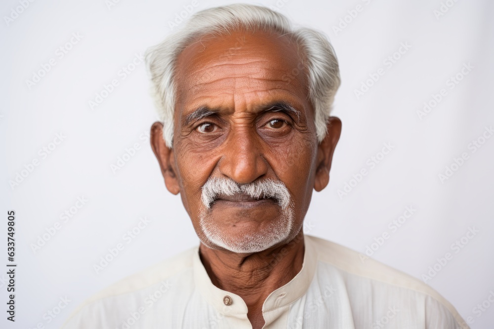 Obraz premium a closeup photo portrait of a handsome old senior asian indian model man smiling. used for a web or print ad. isolated on white wall background. Generative AI