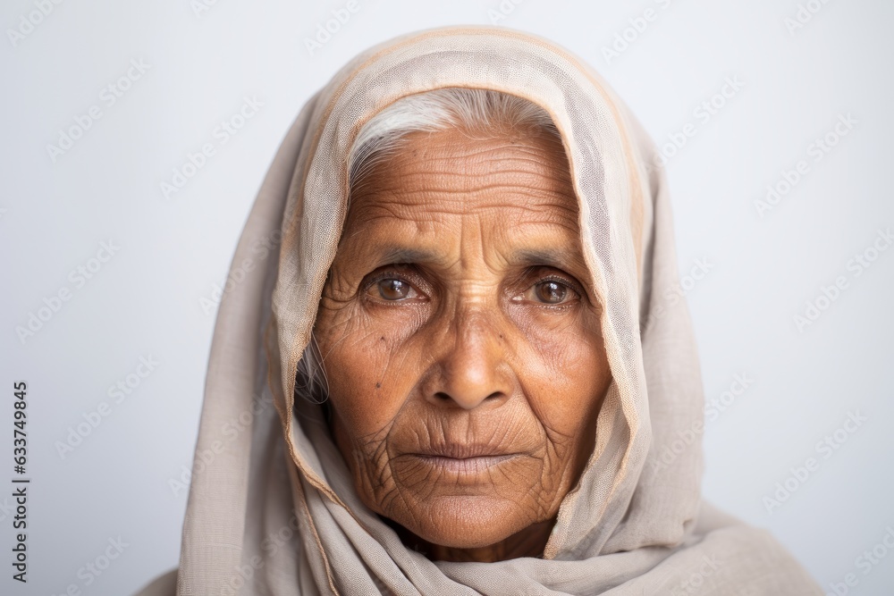 a closeup photo portrait of a beautiful old senior asian indian model woman with a head scarf smiling. used for a web or print ad. isolated on white wall background. Generative AI a closeup photo portrait of a beautiful old senior asian indian model woman with a head scarf smiling. used for a web or print ad. isolated on white wall background. Generative AI