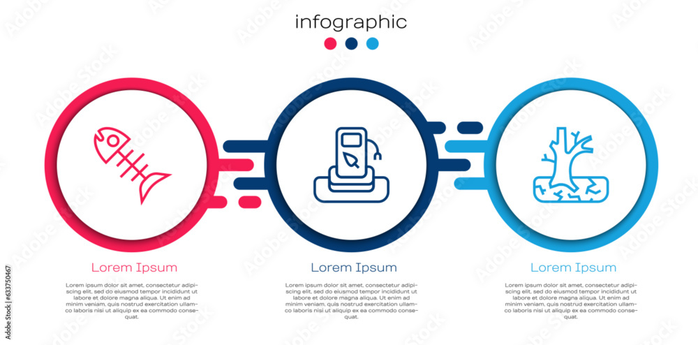 Set line Dead fish, Petrol or gas station and Withered tree. Business infographic template. Vector Set line Dead fish, Petrol or gas station and Withered tree. Business infographic template. Vector