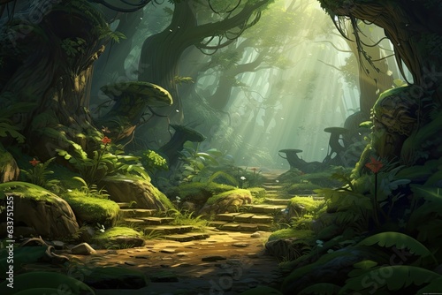 Enchanted woods and misty mountains. fantasy scene blending nature and design. Concept of imaginative video game setting.