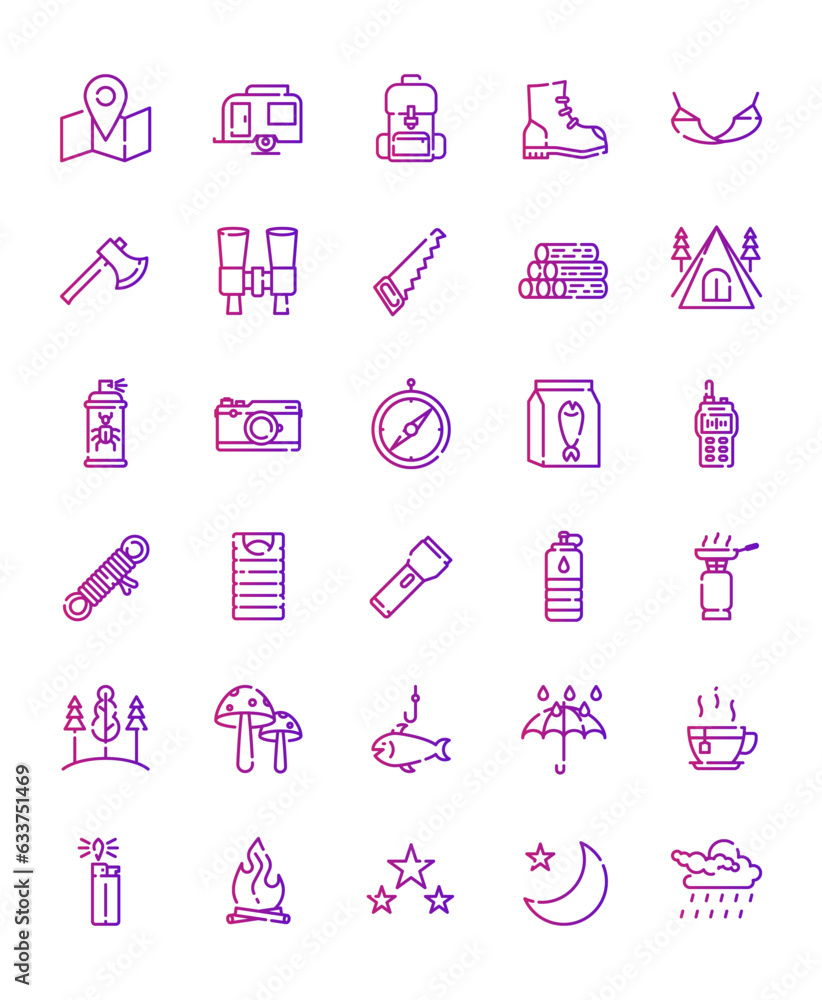 Travel camping gradient icon set Travel camping gradient icon set