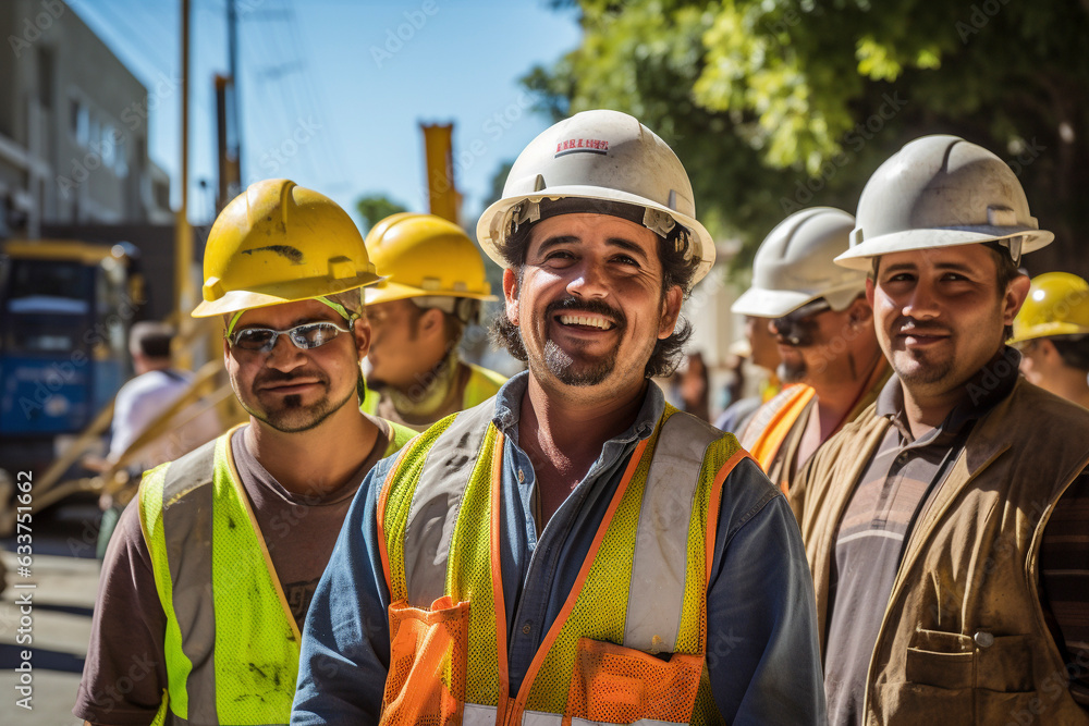 group of workers smiling in helmet group of workers smiling in helmet