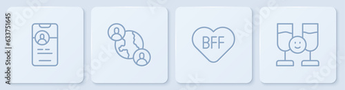 Set line Dating app online, BFF or best friends forever, and Friends drinking alcohol. White square button. Vector