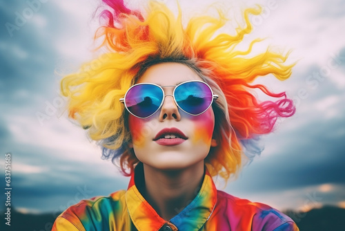 portrait of a woman in glasses with colorful rainbow makeup and hair